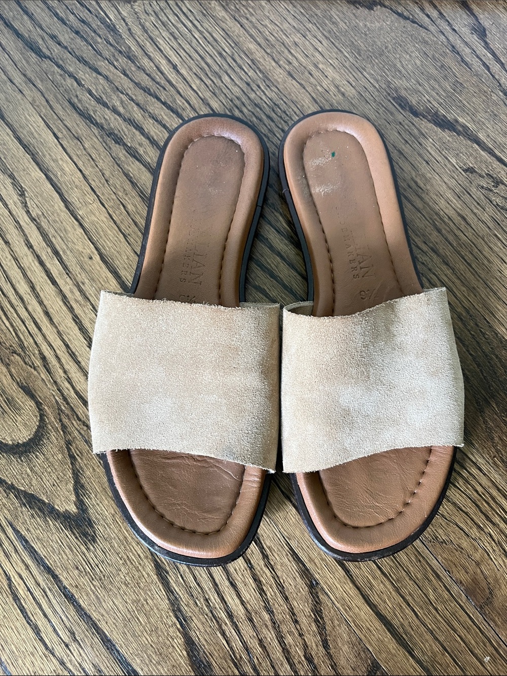 Italian Shoemakers Suede Leather Slide Sandals W 9.5 Beige Tan Made in Italy